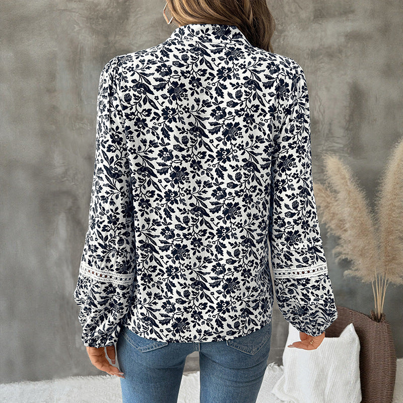 Casual Elegant Retro V-neck Lace-up Floral Shirt