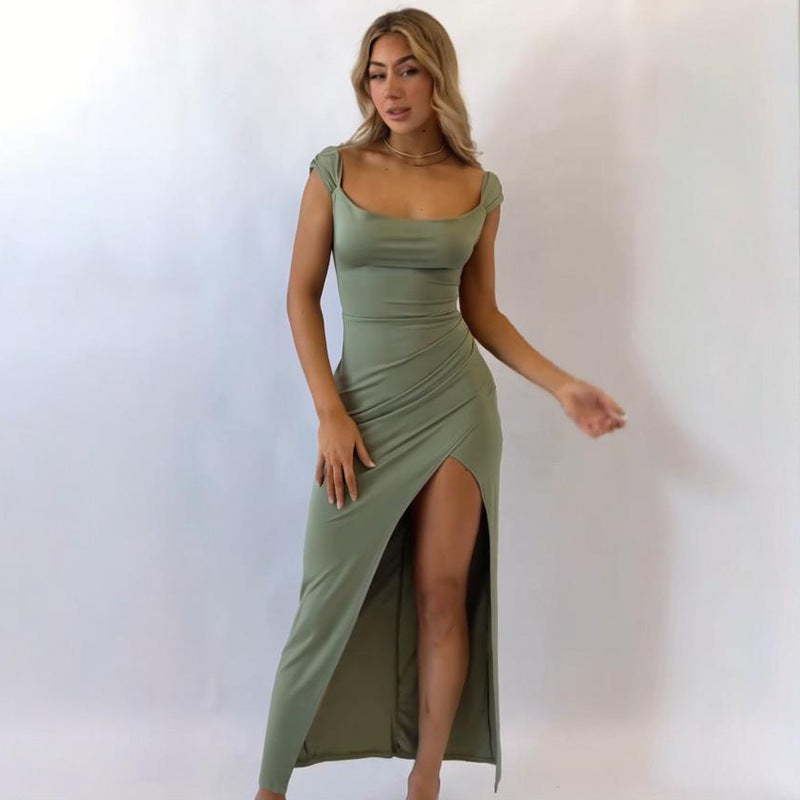 Elegant Square Collar Slit Dress with Tie Detail
