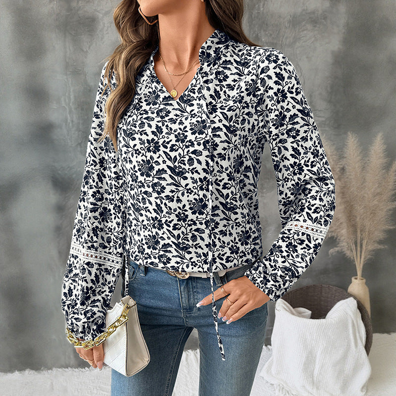 Casual Elegant Retro V-neck Lace-up Floral Shirt