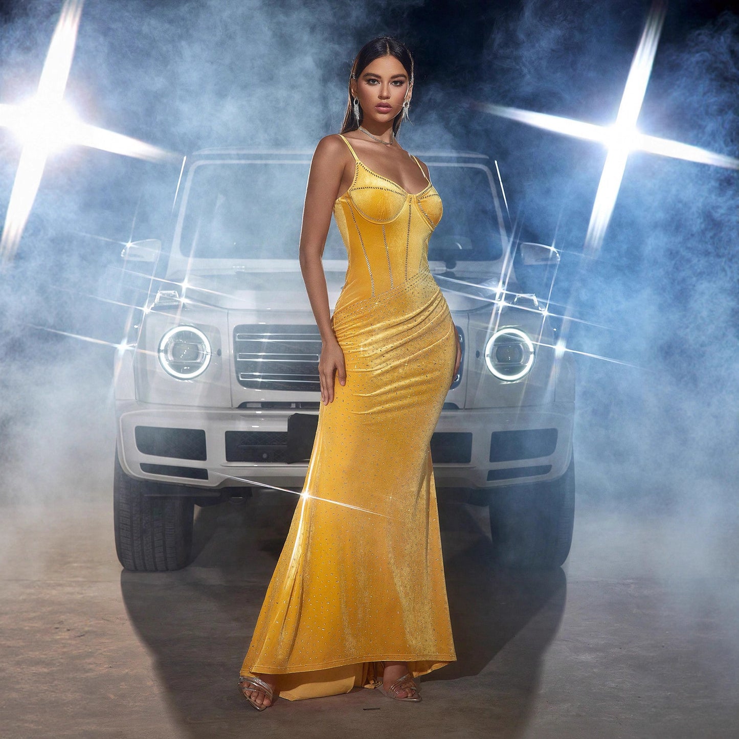 Sexy Slip Velvet Sequin Long Evening Dress Style
