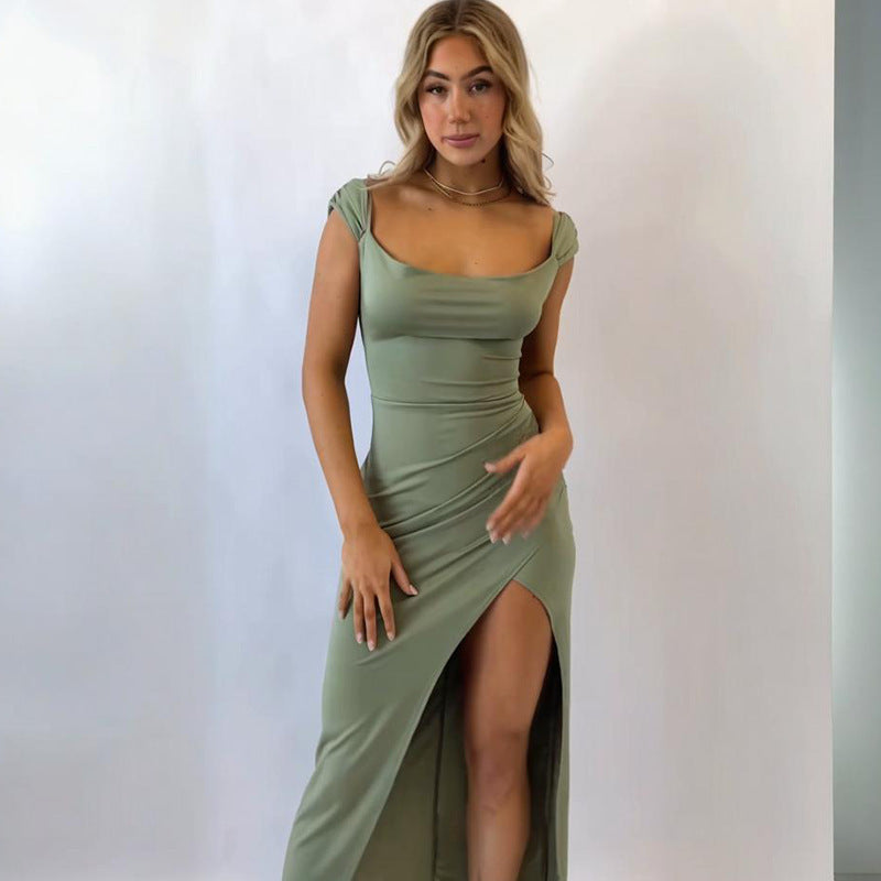 Elegant Square Collar Slit Dress with Tie Detail