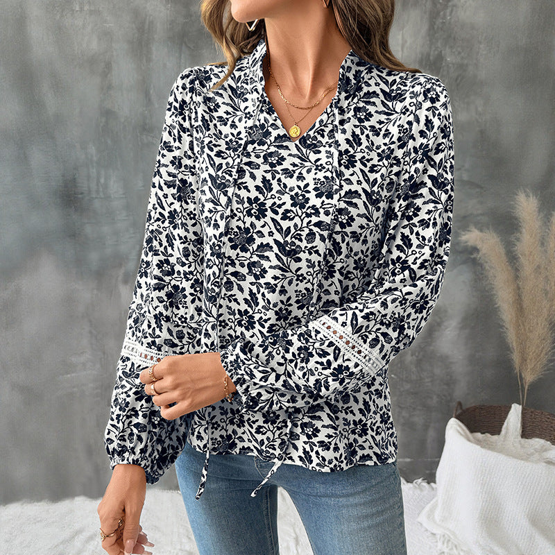Casual Elegant Retro V-neck Lace-up Floral Shirt