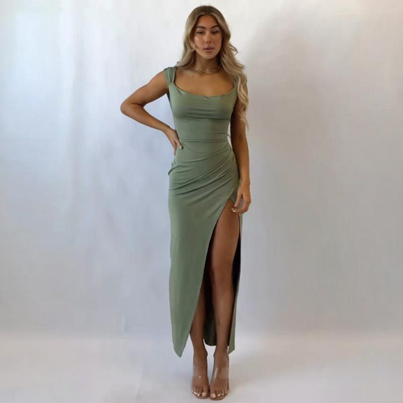 Elegant Square Collar Slit Dress with Tie Detail