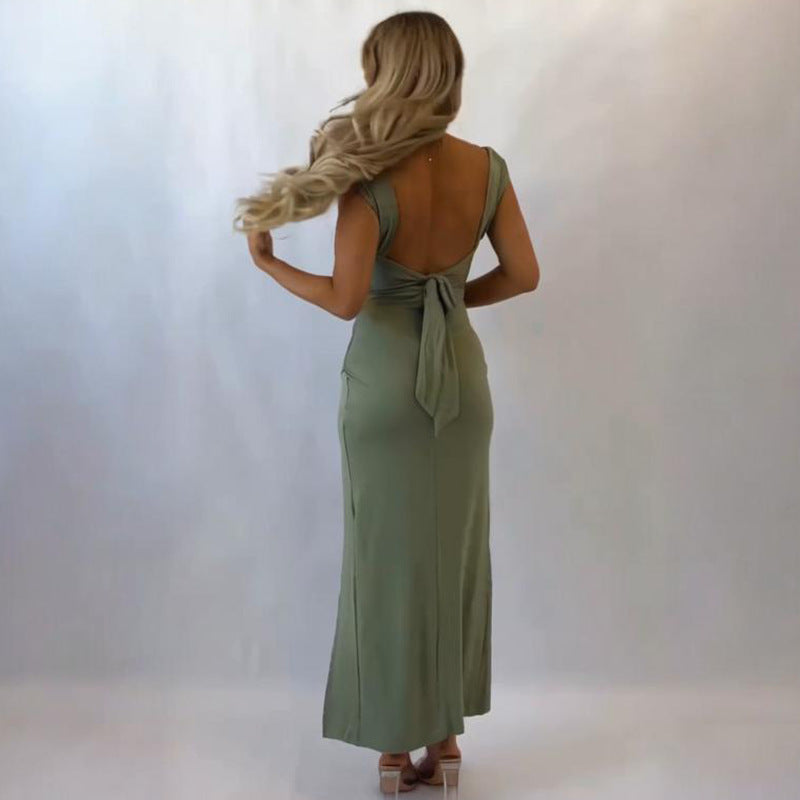 Elegant Square Collar Slit Dress with Tie Detail