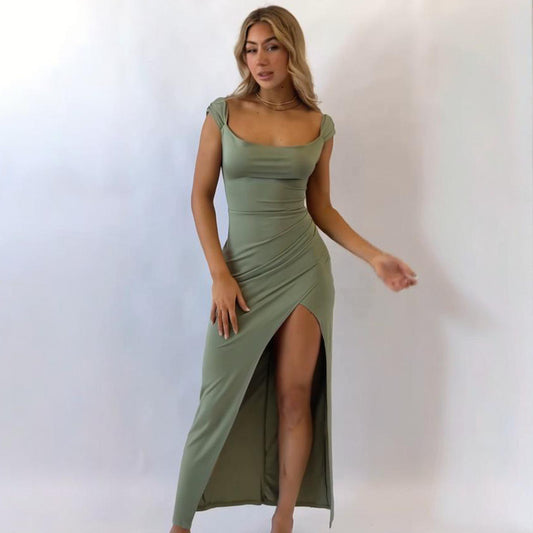 Elegant Square Collar Slit Dress with Tie Detail