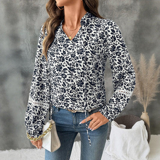 Casual Elegant Retro V-neck Lace-up Floral Shirt