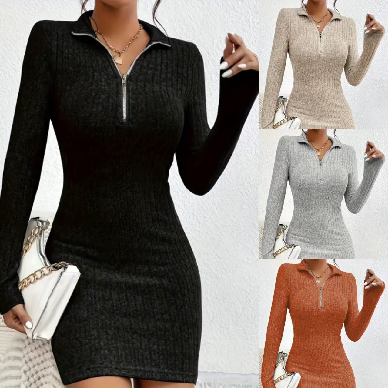 Slim Fit Zipper Lapel Sheath Dress